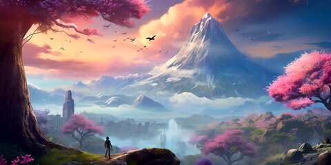 Wall Mural - fantasy landscape with a gradient background of magical colors , sense of enchantment and wonder.