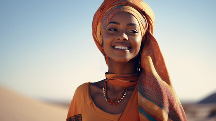 Beautiful smiling african woman in a turban and with jewelry