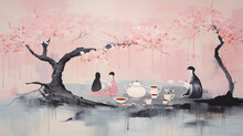 An Abstract Expressionism Painting In Pastel Colors, Featuring A Whimsical Tea Ceremony Taking Place Under A Blooming Sakura Tree, Japanese Aesthetics, Soft And Calming