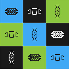 Poster - Set line Hotdog sandwich, Candy and Croissant icon. Vector