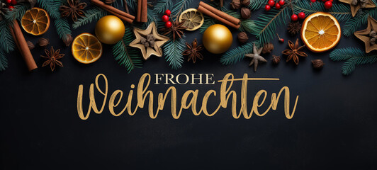 Wall Mural - Frohe Weihnachten, festliche Grußkarte mit deutschem Text – Christbaumkugeln, Zimtstangen, Orangenscheiben, Sternanis und Zweige auf schwarzem Tisch Hintergrund (Generative Ai).