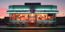 Deserted Diner At Twilight, Vintage Americana, Glowing Neon Sign, Low Angle Shot, With An Ambiance