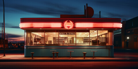 Deserted diner at twilight, vintage Americana, glowing neon sign, low angle shot, with an ambiance