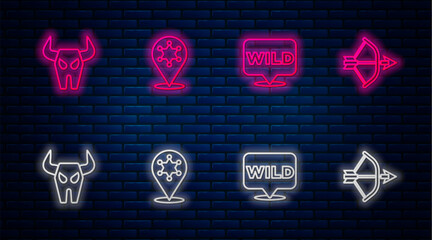 Sticker - Set line Hexagram sheriff, Pointer to wild west, Buffalo skull and Bow and arrow quiver. Glowing neon icon on brick wall. Vector