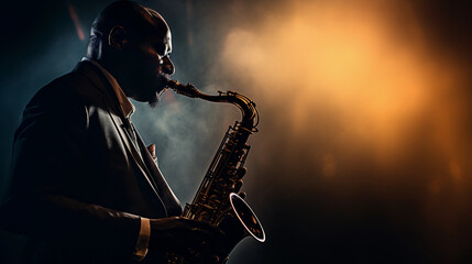 Intimate close - up of a jazz musician playing a saxophone in a smoky room