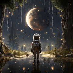 Wall Mural - spaceman or astronaut sitting among flowers.