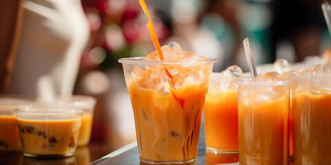 Wall Mural - a Thai iced tea preparation, vibrant orange color, condensed milk pouring into the glass, dynamic motion, colorful street food market in the background