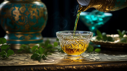 Wall Mural - Moroccan mint tea being poured from a high distance into a glass, dynamic splash of tea, vibrant colors, set in a traditional Moroccan lounge