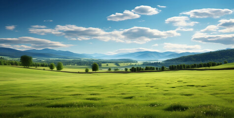 Wall Mural - Panoramic natural landscape with green grass field, blue sky with clouds and and mountains in background. Panorama summer spring meadow. Shallow depth of field