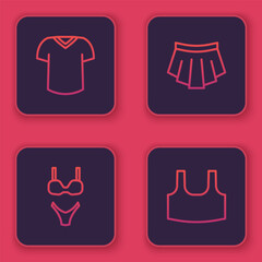 Sticker - Set line T-shirt, Swimsuit, Skirt and Undershirt. Blue square button. Vector