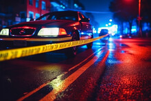 Yellow Law Enforcement Tape Isolating Crime Scene With Blurred View Of City Street, Toned In Red And Blue Police Car Lights