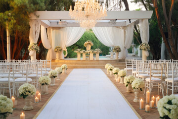 Outdoor place for wedding ceremony in white, decorated with flowers and white cloth and wooden chairs for guests on each side