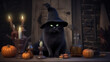 canvas print picture - Halloween background. Fantasy black cat witch in magical mysterious fairy cabin with magic attributes, pumpkin, candles. Halloween, fairytale, magic animal concept