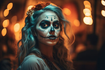 Wall Mural - Woman with Halloween Dia de los Muertos costume face paint