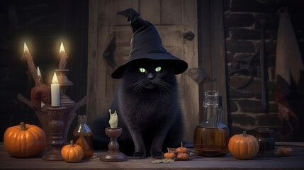 Halloween background. Fantasy black cat witch in magical mysterious fairy cabin with magic attributes, pumpkin, candles. Halloween, fairytale, magic animal concept