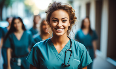 Portrait of Young Nursing Student with Hospital Team