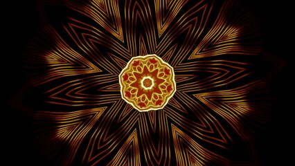 Poster - Neon mandala pattern pulsates on black background. Design. Beautiful pattern of glowing pulsating lines on black background. Glowing pattern moves on black background