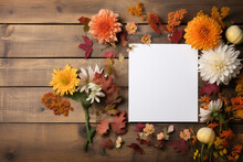 Autumn Fall Paper Card Empty Mockup Flatlay Top View  Poster On A Wooden Rustic Table Decorated With Herbal Flowers Harvesting Thanksgiving Day Celebration. 