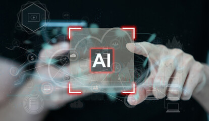 Leinwandbilder - Man hand with pen working with abstract virtual artificial Intelligence symbol hologram on blurred office background. Multiexposure