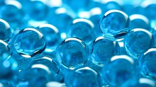 Macro Of Blue Gel Balls. Watery Polymer Hydrogel Background. Crystal Liquid. Generative Ai	