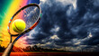 Tennis Schläger und Ball mit Gewitter im Hintergrund, ai generativ