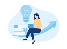 A Woman Using A Laptop For Distance Learning, Adding Innovation Concept Flat Illustration