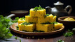 Chana Dal Dhokla served with cut chutney mint, indian national dish food photo banner copy space handmade decorated on a plate with sauces and herbs, greenery.