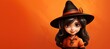 Leinwandbild Motiv Cute  Witch for Halloween on an Orange Banner with Space for Copy