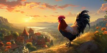 Rooster On The Background Of Sunset, Fog In The Village. Generative AI