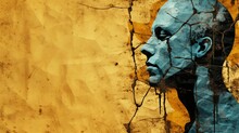 Portrait Of A Man In Profile. Street Art Style. Abstract Graffiti Or Mural Painting On The Cracked Wall House. Background With Place For Your Text. Illustration For Cover, Interior Design Or Print.