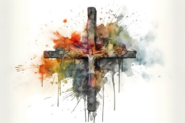 Religious conceptual cross graphic watercolor illustration for media and design work , highly detailed, cinematic shot photo taken by sony incredibly detailed, sharpen details highly realis