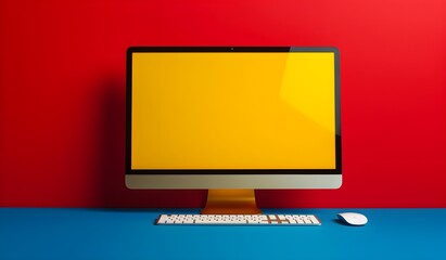 Canvas Print - lcd monitor, keyboard and mouse with yellow screen, red and blue background