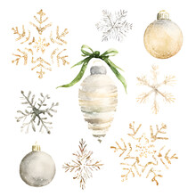 Watercolor Christmas Toys And Snowflakes, Set Of Illustrations On White Background. Collection Of Christmas Decor In Retro Style.
