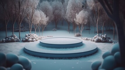 Wall Mural - White podium, winter background. Platform for product presentation.