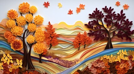 Wall Mural - Autumn background with trees and colorful leaves. Paper cut style.