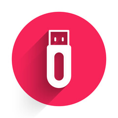 Poster - White USB flash drive icon isolated with long shadow background. Red circle button. Vector