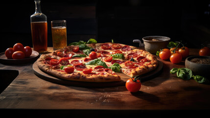 Wall Mural - Fresh Homemade Pizza on wooden table.