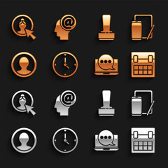 Poster - Set Clock, Phone and graphic tablet, Calendar, Chat messages notification laptop, Create account screen, Stamp, and Mail e-mail icon. Vector