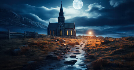 Wall Mural - Old Stone Church at Night: Timeless Beauty in the Moonlight