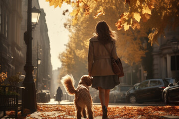 Wall Mural - young woman walking her dog in the city in autumn day, AI Generated