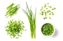 Fresh Green Herbs: Chives, Collection Of Isolated Herbal Food Design Element, Bunch Of Whole Chive Blades, Chopped Sprinkled Ones, Loose, In A Heap And A Small Bowl, Healthy Nutrition Or Garden Set