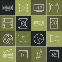 Poster - Set line Online play video with 4k, Megaphone, CD disk award frame, Smart display HD, Movie spotlight, Play Video, Screen tv and Movie, film, media projector icon. Vector
