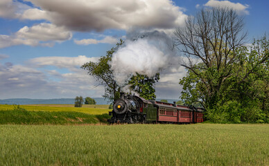 Sticker - A View of an Antique Steam Passenger Train Approaching, Traveling Thru Rural Countryside, Blowing Smoke, on a Sunny Spring Day