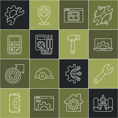 Poster - Set line Graphing paper and compass, Wrench spanner, Laptop gear, House plan, Multimeter, Calculator, and Hammer icon. Vector