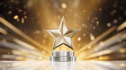 Wall Mural - Award ceremony background and 3d gold luxury star element on the podium and glitter light effects decorations and bokeh, created with Generative AI technology.