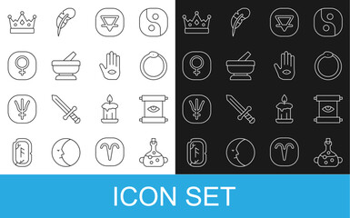 Set line Poison in bottle, Ancient magic scroll, Ouroboros, Earth element, Mortar and pestle, Venus, King crown and Hamsa hand icon. Vector