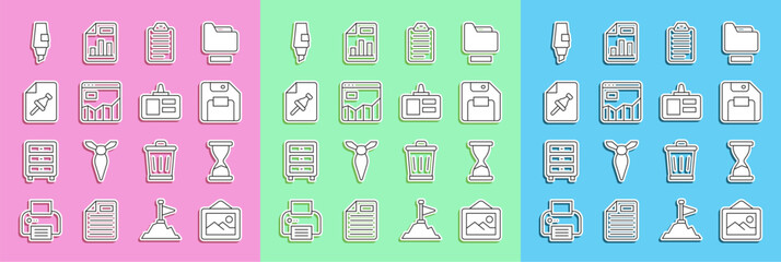 Poster - set line picture landscape, old hourglass, floppy disk, to do list or planning, graph chart infograp