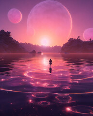 Wall Mural - Silhouette of a man on the background of a beautiful purple fantasy world. The concept of knowing the unknown. Magic evening calming scene. Strange luminous substances, calm expanse of the lake.