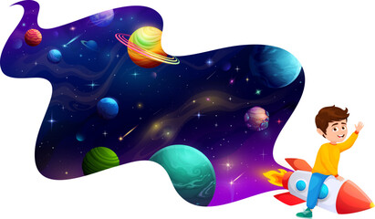 Wall Mural - cartoon kid flying on space rocket in starry galaxy. funny boy riding shuttle imagine himself being 