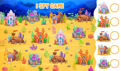 Poster - I spy game, cartoon underwater landscape with sea fairytale houses, kids vector puzzle worksheet. Find and match same dwellings in ocean seashell, coral or sunken boat and pot home in undersea